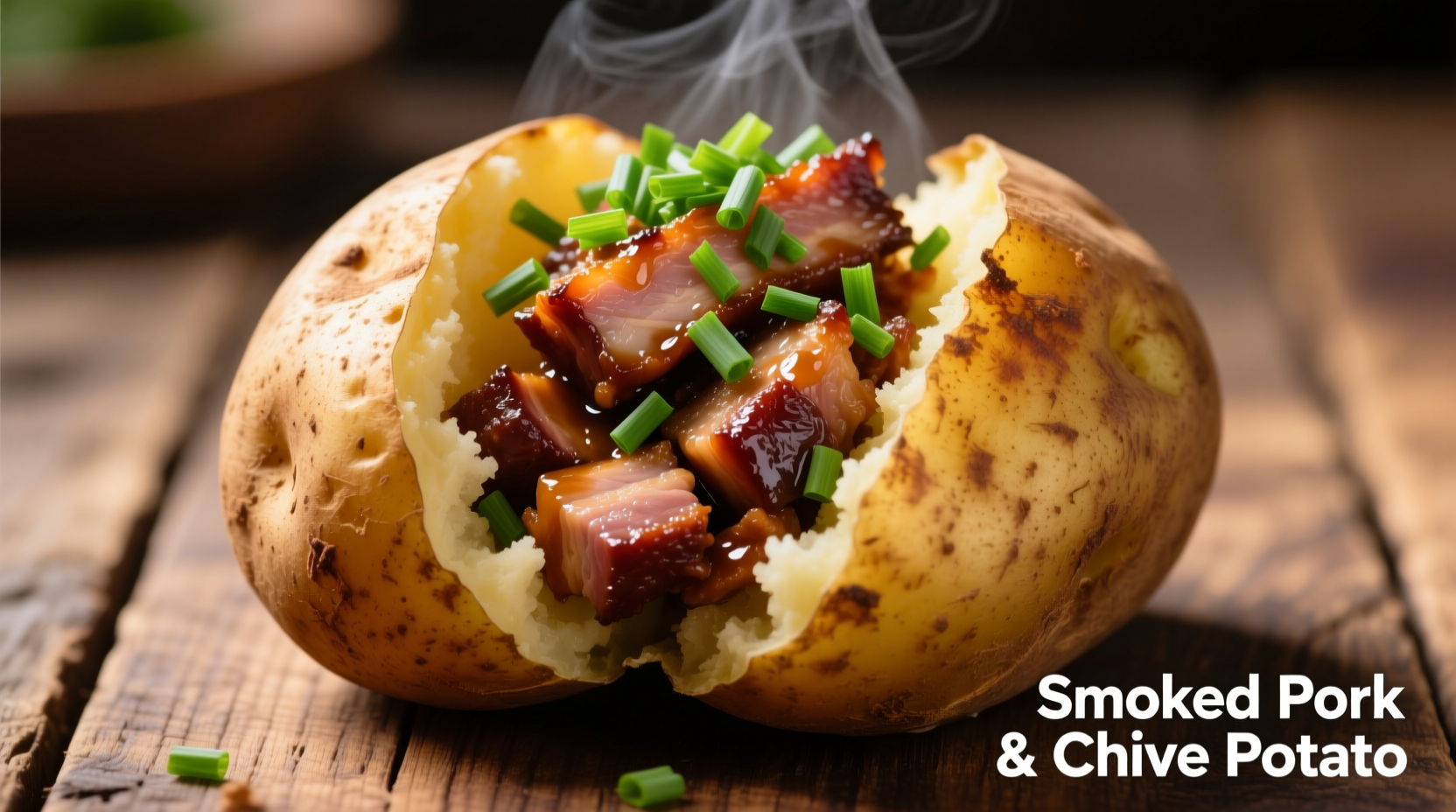 Perfect baked potato topped with smoked pulled pork and chives