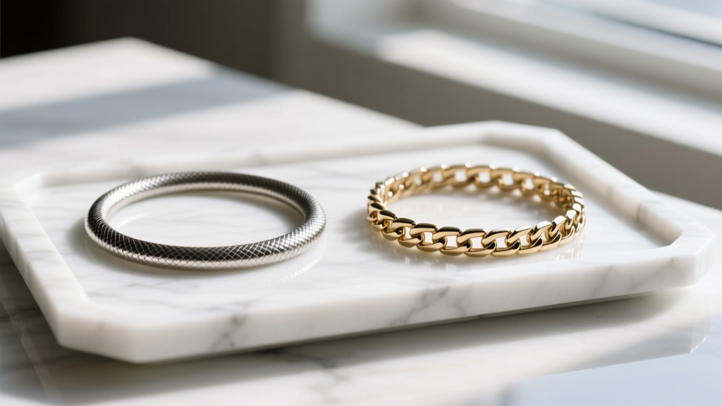 A neat flat lay comparing a smooth 1.5mm snake chain and a textured 1.2mm box chain resting on a white marble jewelry display tray.