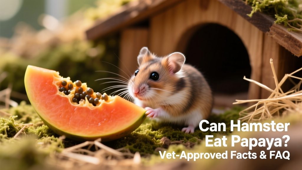 A small, fresh slice of ripe papaya placed beside a curious dwarf hamster in a clean, naturalistic habitat