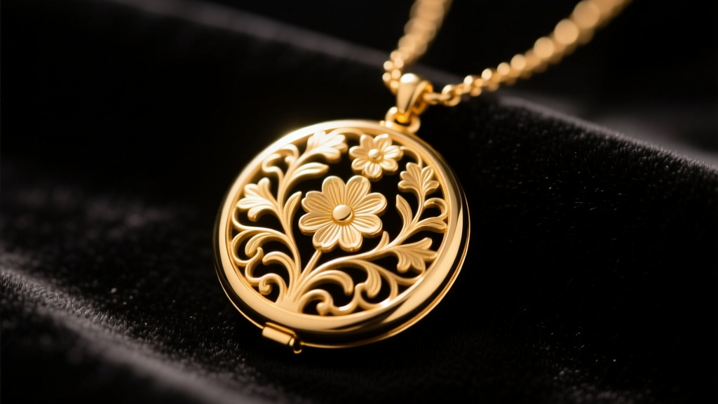 Vintage gold-tone filigree locket necklace on dark velvet, showing intricate floral engraving under soft, warm studio lighting.