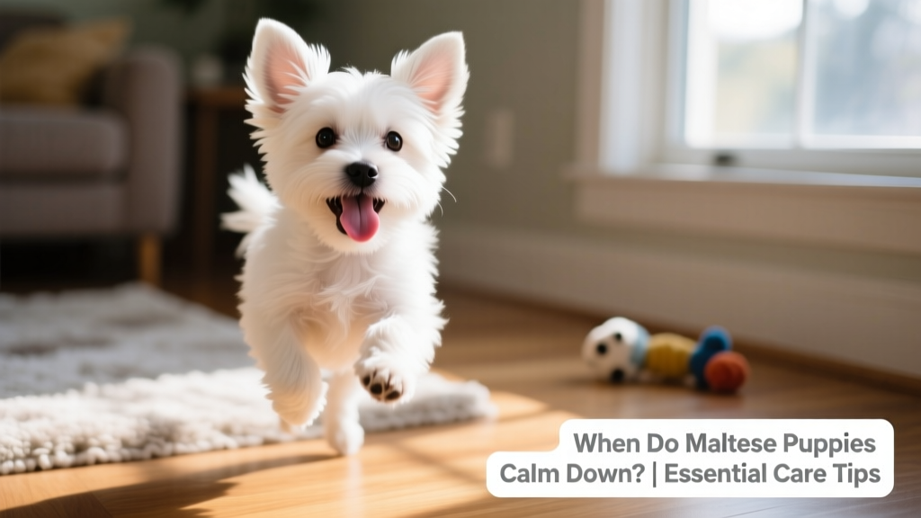 Close-up of a playful Maltese puppy mid-bounce, tongue out and ears perked