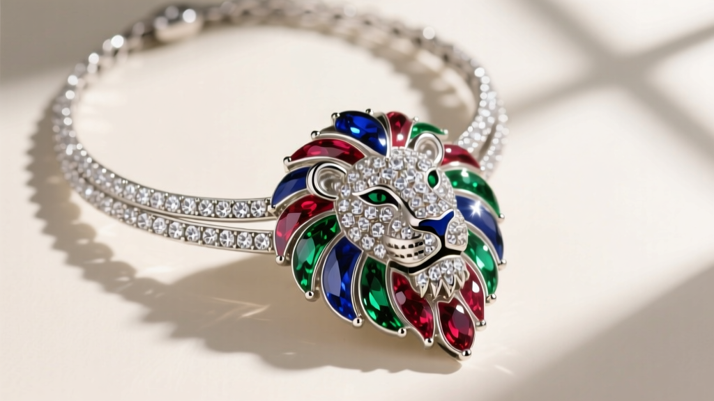 Side profile of a rhinestone-encrusted lion motif necklace highlighting the prong-set Austrian crystals and epoxy enamel accents