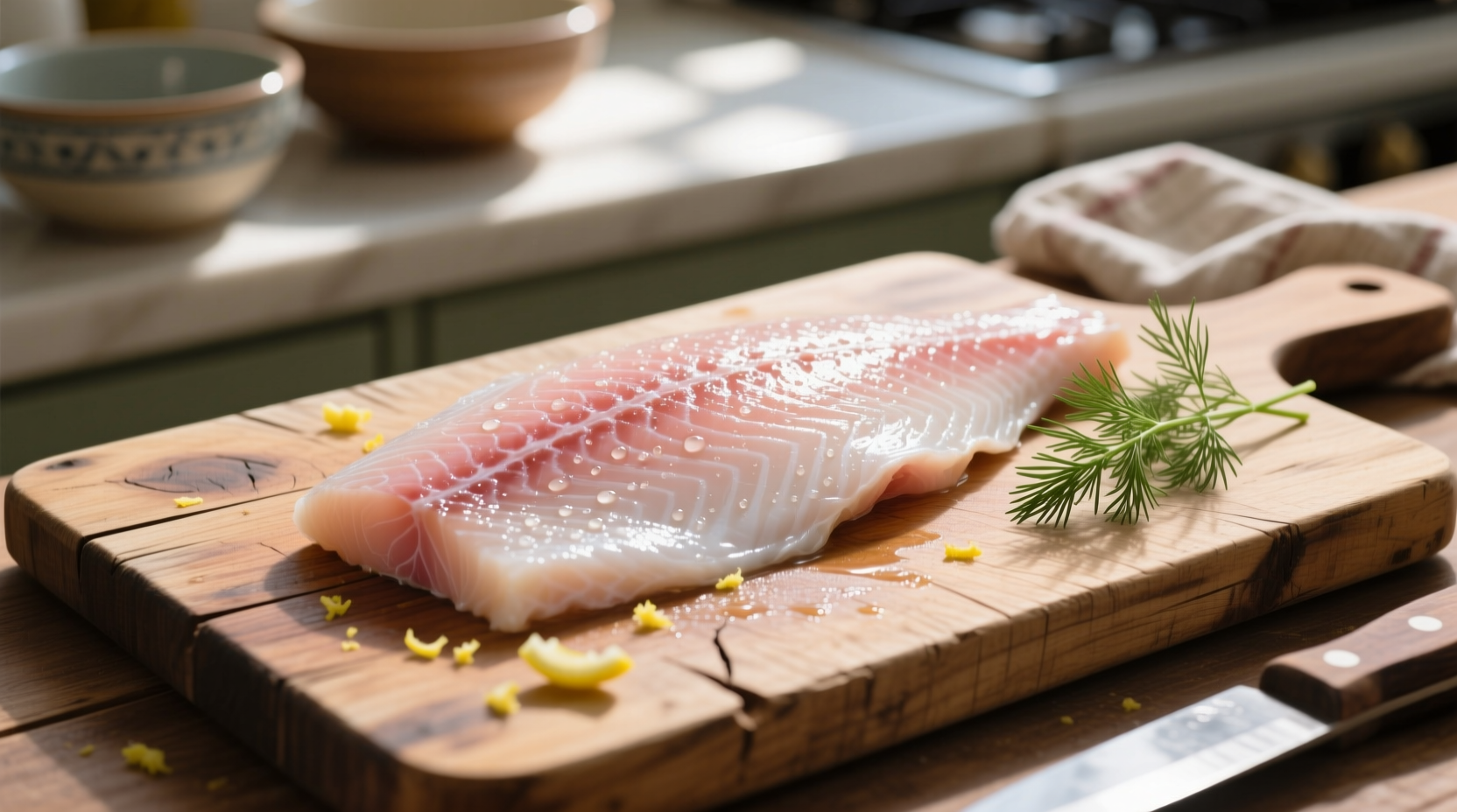 Fresh halibut fillet on wooden cutting board