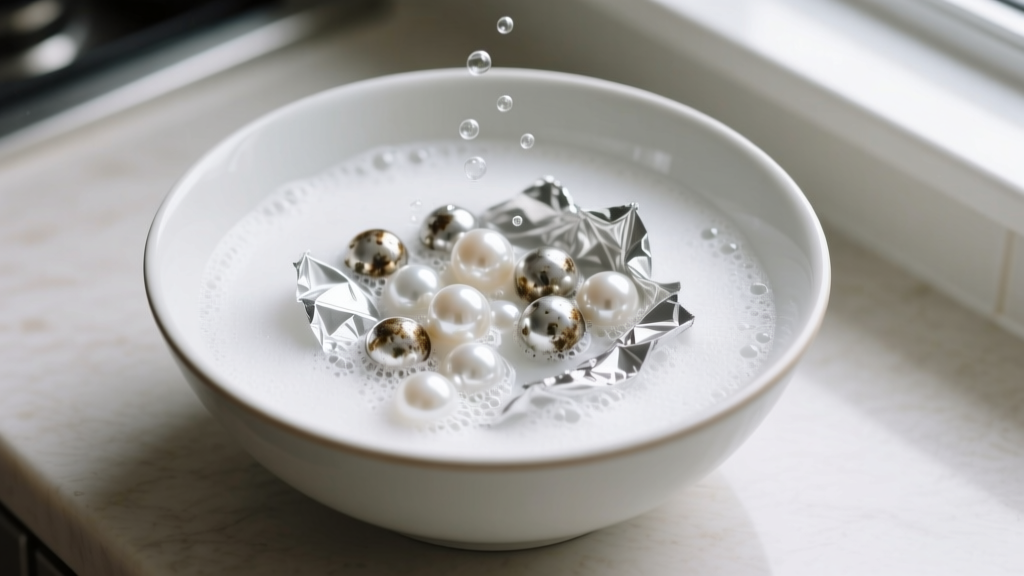 Overhead view of a ceramic bowl with a baking soda and aluminum foil bath cleaning heavily tarnished sterling silver pearl beads.