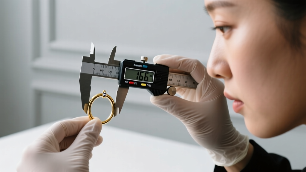 Professional piercer using a digital vernier caliper to measure the exact millimeter thickness of a 16-gauge gold cartilage hoop