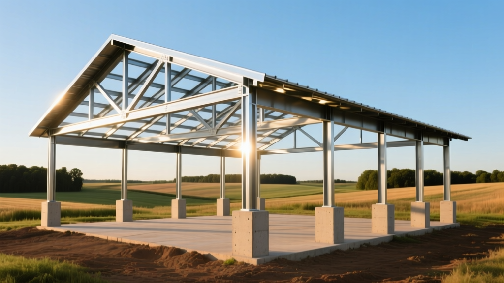 Partially assembled post-frame barndominium steel shell with exposed roof trusses and concrete pier foundations in rural setting