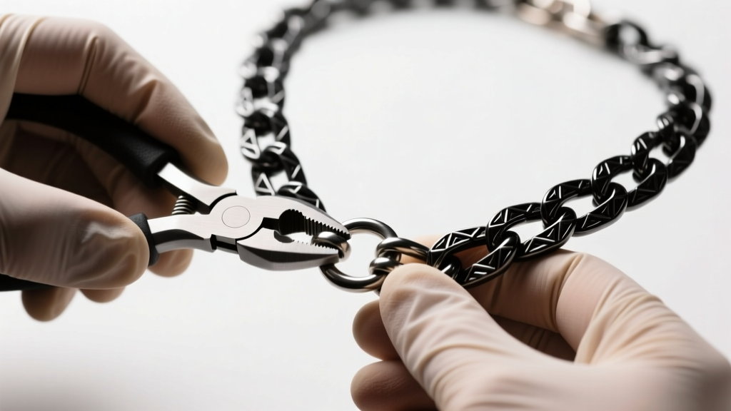 Jeweler hands using nylon jaw pliers to secure a thick 14mm stainless steel lobster clasp onto a heavy gothic chain necklace link