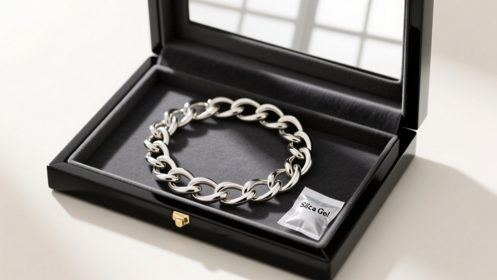 Open jewelry box lined with anti-tarnish cloth, holding a coiled heavy silver paper chain necklace and a small silica gel packet.