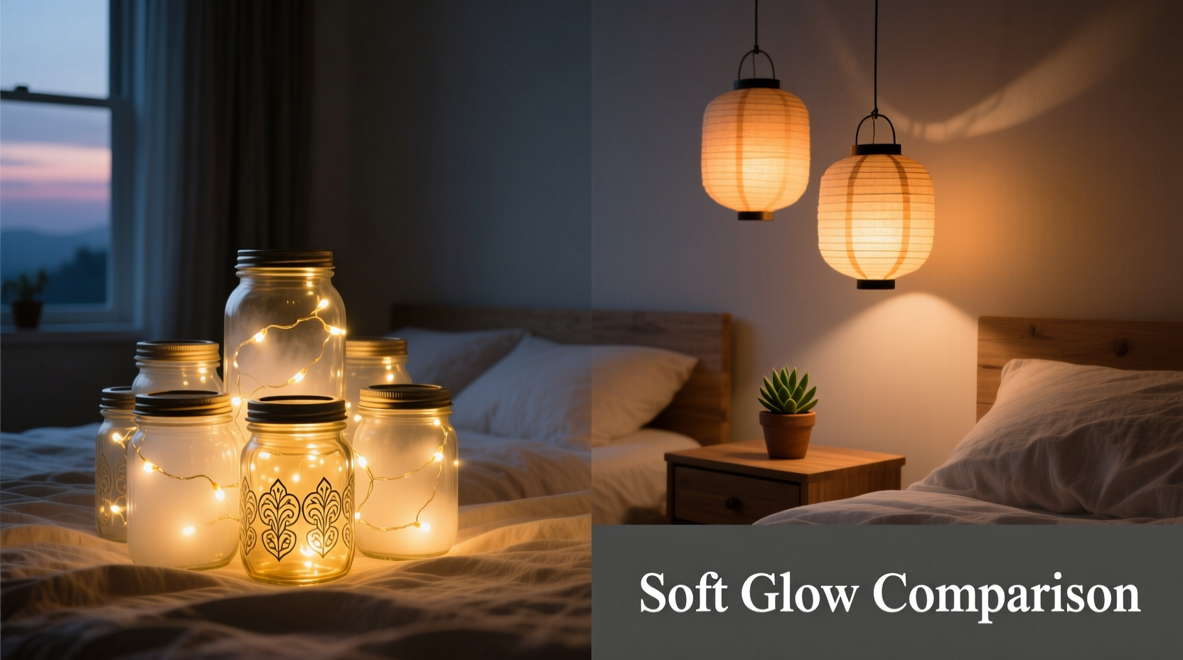 fairy lights in glass jars vs lanterns which gives a softer bedroom glow