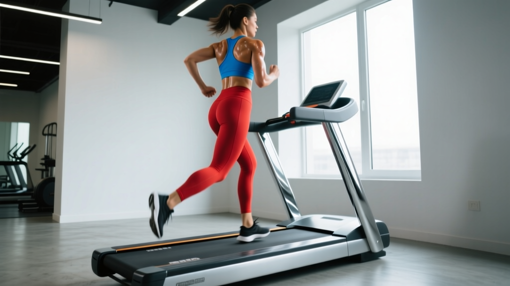 Side profile of a woman power walking at a steep gradient showing proper posture and glute engagement on a commercial treadmill