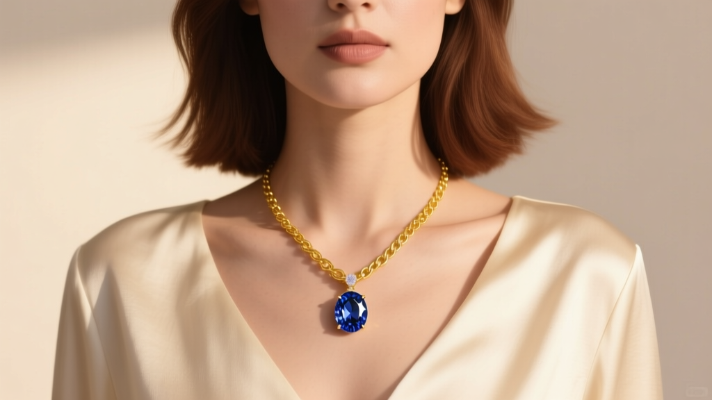 Woman wearing 18k yellow gold chain necklace with deep blue cornflower sapphire pendant resting against a cream colored silk top