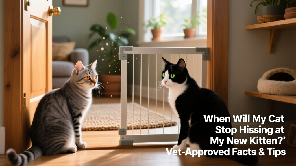 Two cats cautiously observing each other from opposite sides of a doorway, with a baby gate partially separating them