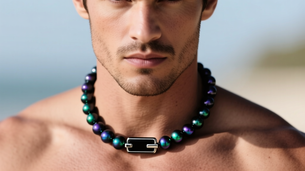 Close-up of a rugged male model wearing a single strand of dark Tahitian black pearls with a matte black stainless steel clasp