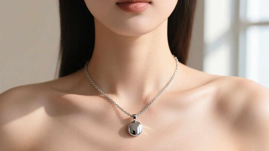 Person wearing a hypoallergenic stainless steel pendant, showing the polished chain resting safely against bare collarbone skin