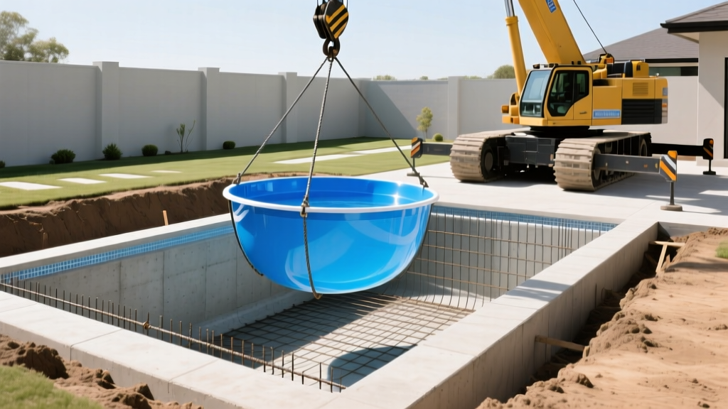 Crane lowering a blue fiberglass pool shell into an excavated backyard next to a formed, rebar-tied concrete pool shell.