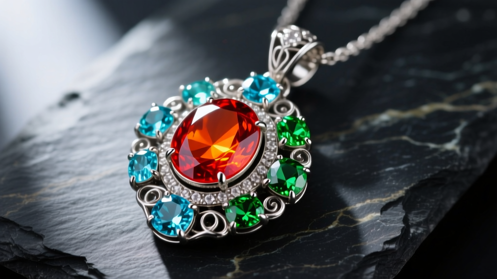 Macro shot of a multi-gem pendant with fire opal, aquamarine, and peridot set in oxidized silver, resting on a dark slate stone.