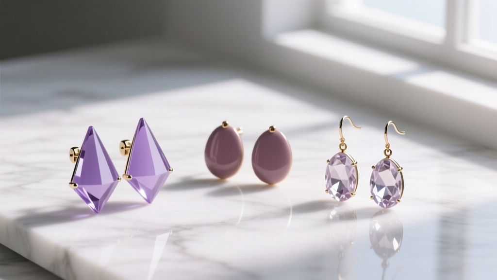 Flat lay of three mauve earring pairs on marble: cool lilac acrylic, warm dusty enamel, and neutral kunzite gemstone drop styles.
