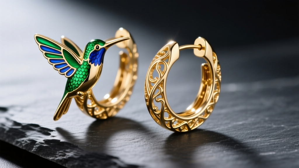 Close-up of 14k gold hummingbird hoop earrings with vibrant green and blue enamel wings, resting on a dark slate surface