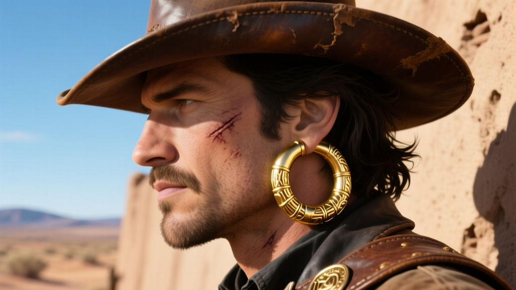 Side profile of a person wearing a thick 12-gauge gold-filled continuous sleeper hoop, showcasing a rustic Western outlaw style