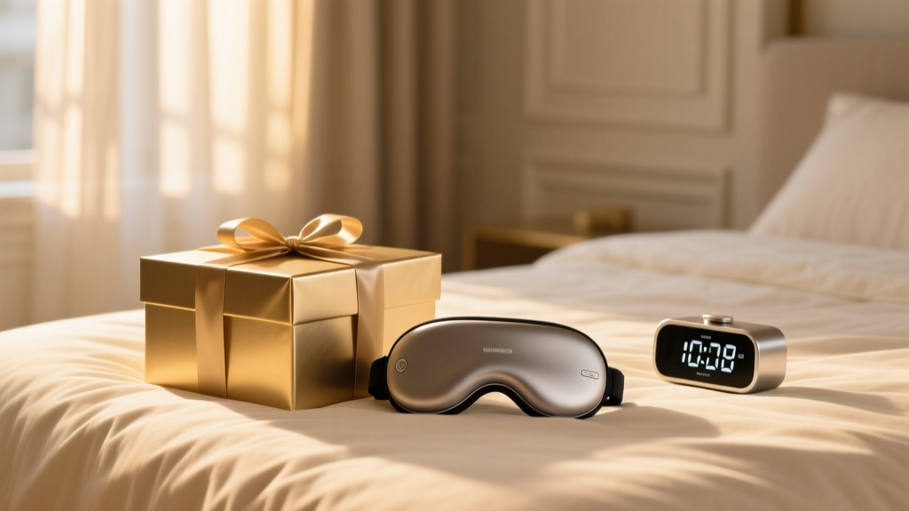 A wrapped gift box on a plush bed with warm morning light illuminating a smart sleep mask and sleek alarm clock.