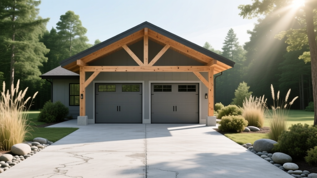 Blueprint of a two-car detached garage with timber framing on a freshly poured concrete slab surrounded by landscaping