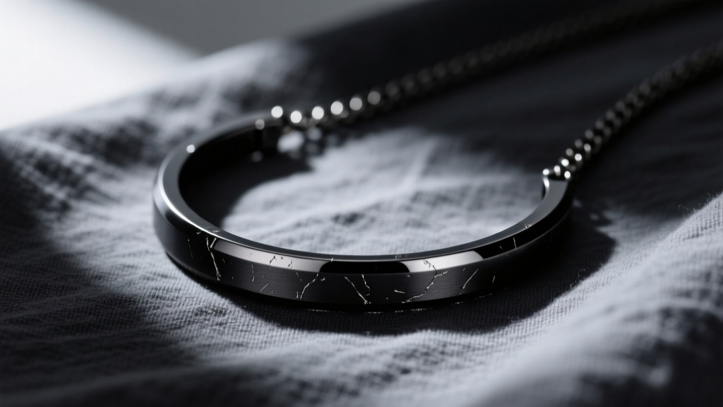 Close-up of a rugged 6mm black PVD stainless steel Black Jack necklace with a matte finish resting on dark charcoal linen fabric