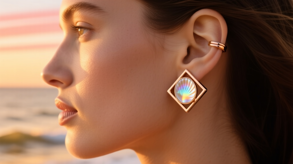 Close-up of a 14k rose gold ear cuff with a cabochon Hawaiian sunrise shell, modeled on an ear against a blurred ocean backdrop