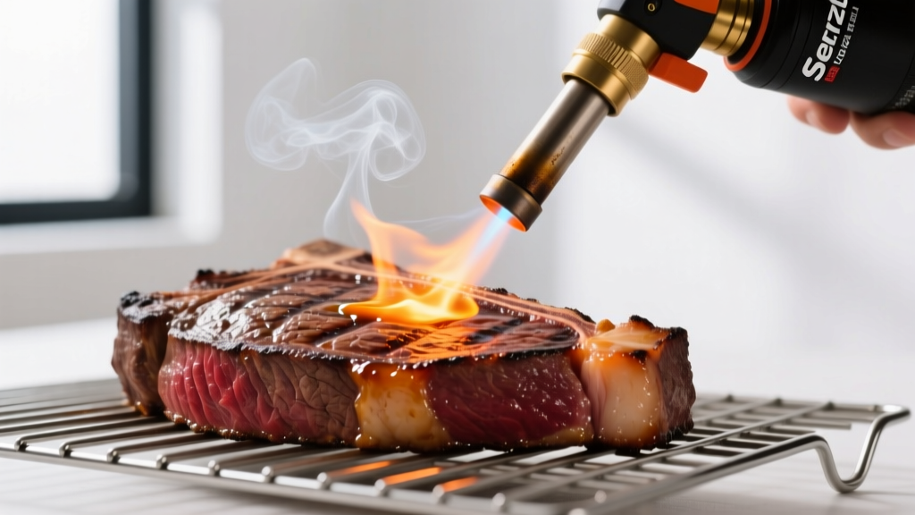 Close-up of a Searzall blowtorch attachment caramelizing the crust of a thick ribeye steak on a wire rack with smoke rising