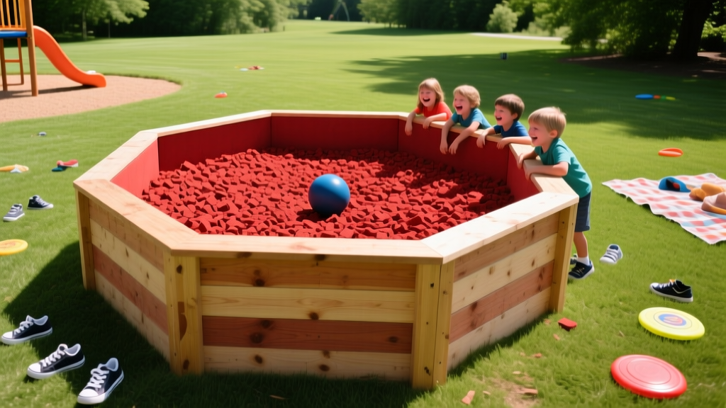Octagonal pressure-treated wooden gaga ball pit filled with red rubber mulch situated on a sunny summer camp playground
