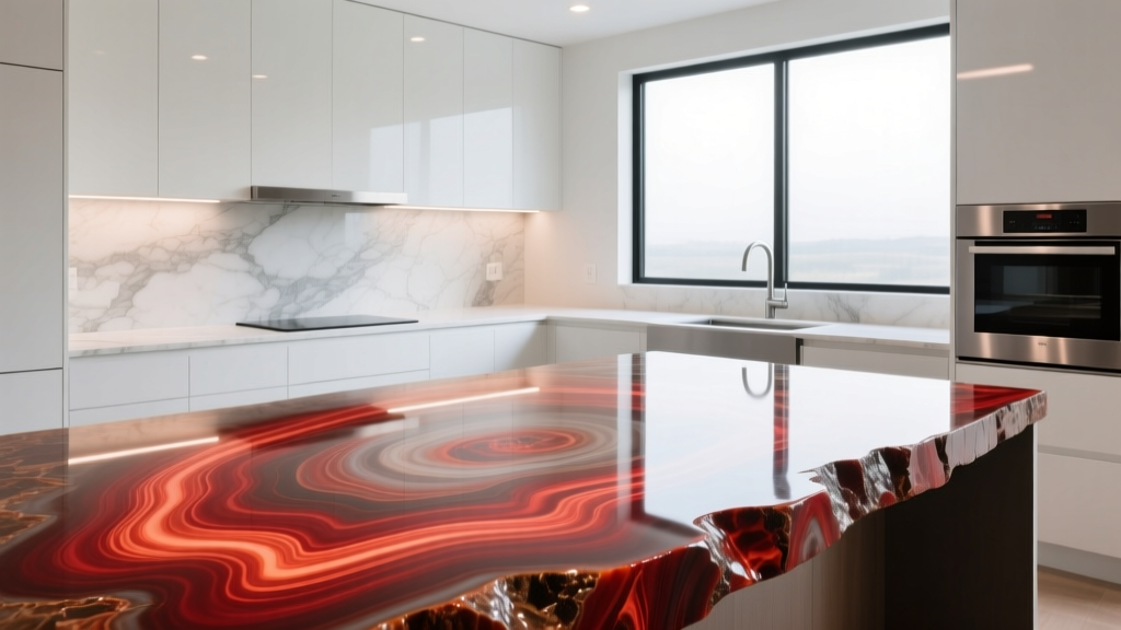 Polished agatized petrified wood countertop with vibrant red banding, sealed with high-gloss epoxy in a modern kitchen space