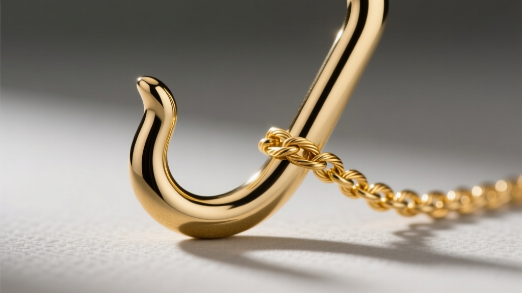 Macro shot of a coated brass hook holding a delicate 14k gold cable chain, highlighting a smooth scratch-free metal surface.