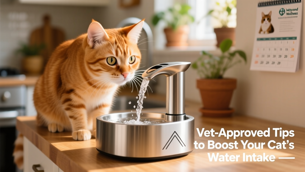 Close-up of a curious cat sniffing a stainless steel water fountain with gentle water flow