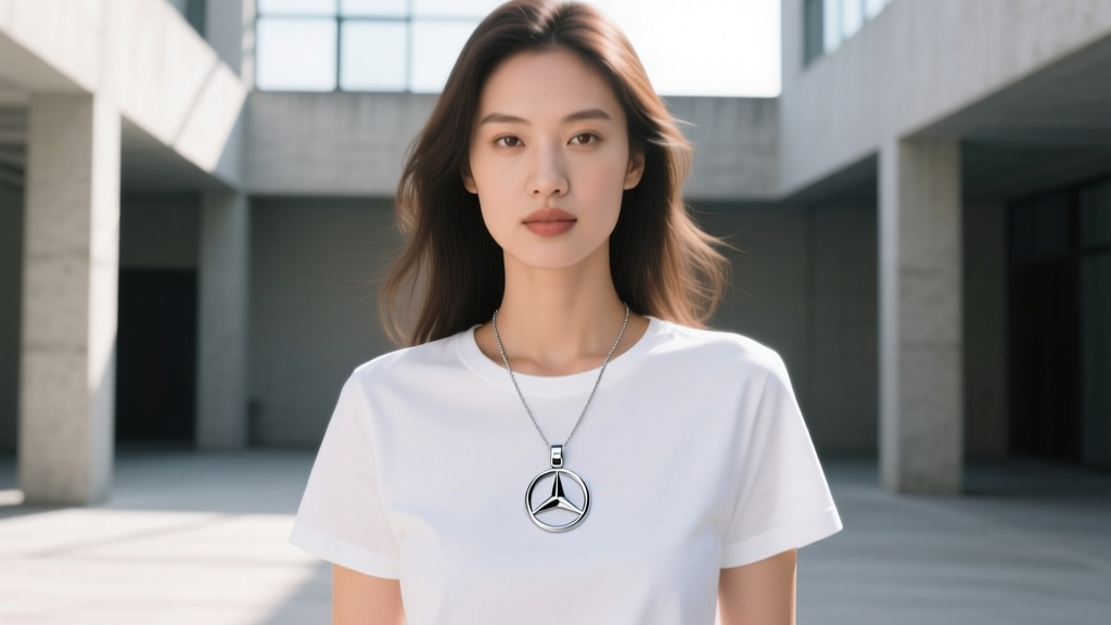 Model wearing a stainless steel Mercedes Benz necklace over a white t-shirt showcasing casual styling and proper pendant placement