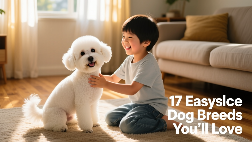 A cheerful Bichon Frise sitting beside a child on a sunlit living room floor