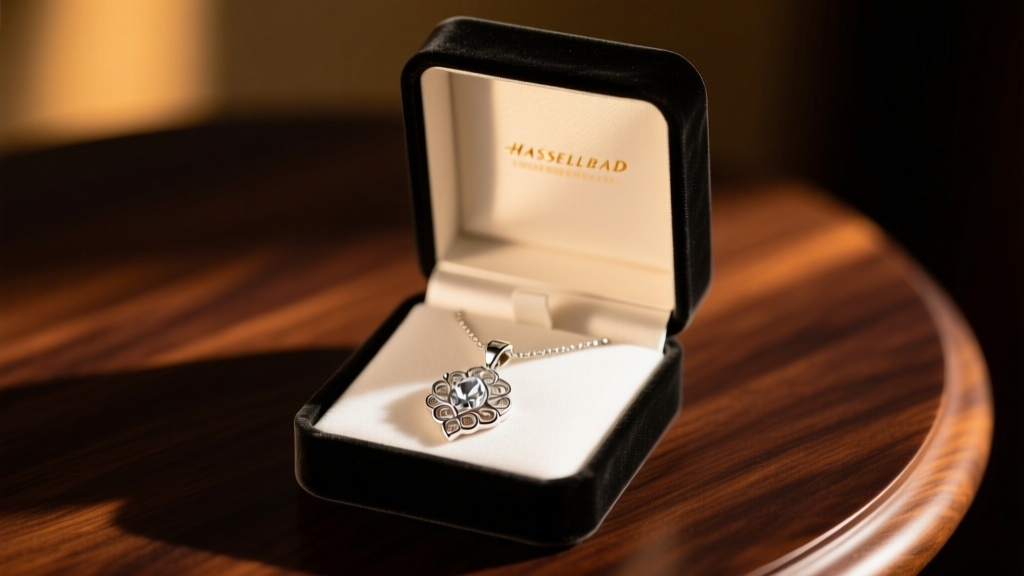Open velvet gift box revealing a shining sterling silver pendant necklace on a dark wood table with soft warm lighting.