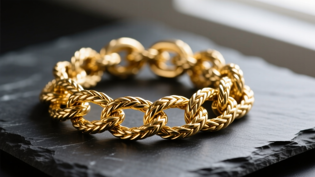 Macro shot of a tangled gold rope chain and herringbone chain on dark slate, highlighting the complex interlocking link geometry