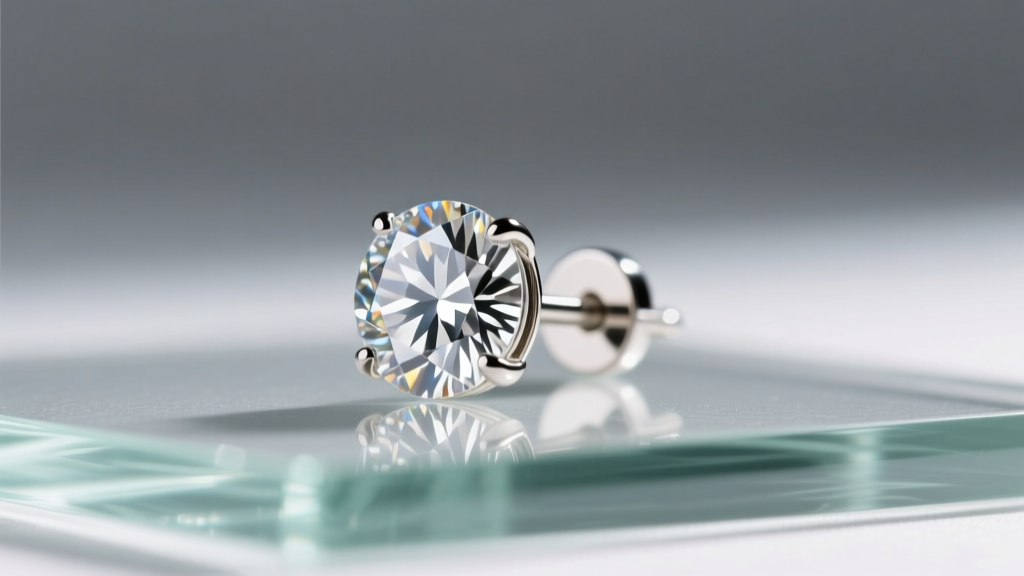 Close-up of a 0.75 carat round brilliant diamond stud earring with a secure La Pousette backing, resting on a glass surface