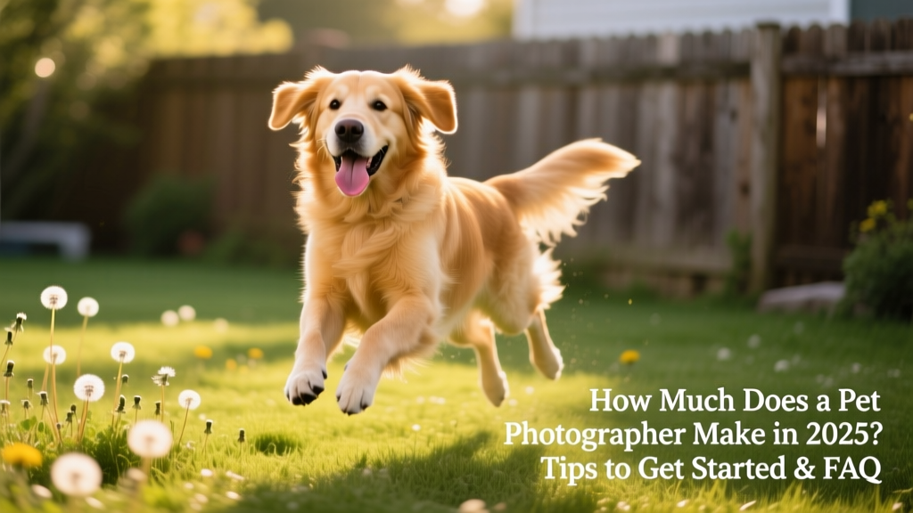 A professional pet photographer capturing a golden retriever mid-play in natural light