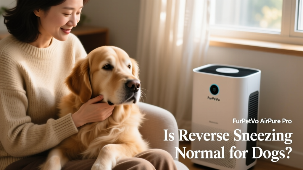 A person gently stroking the throat of a calm dog sitting beside an air purifier labeled 'FurPetVo AirPure Pro'