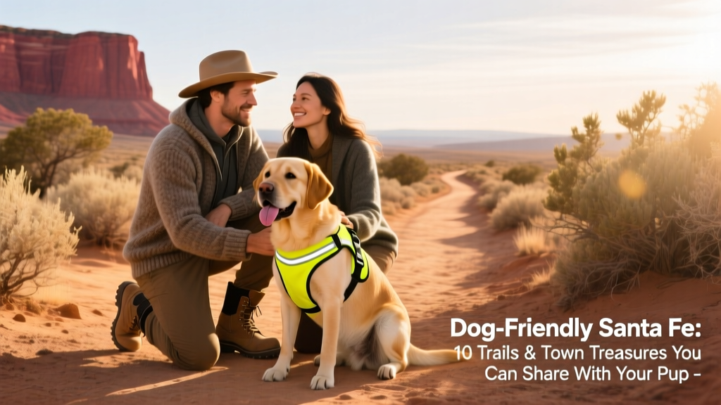 A man and woman in hiking gear kneeling beside a panting dog wearing a bright yellow harness on a desert trail near Santa Fe