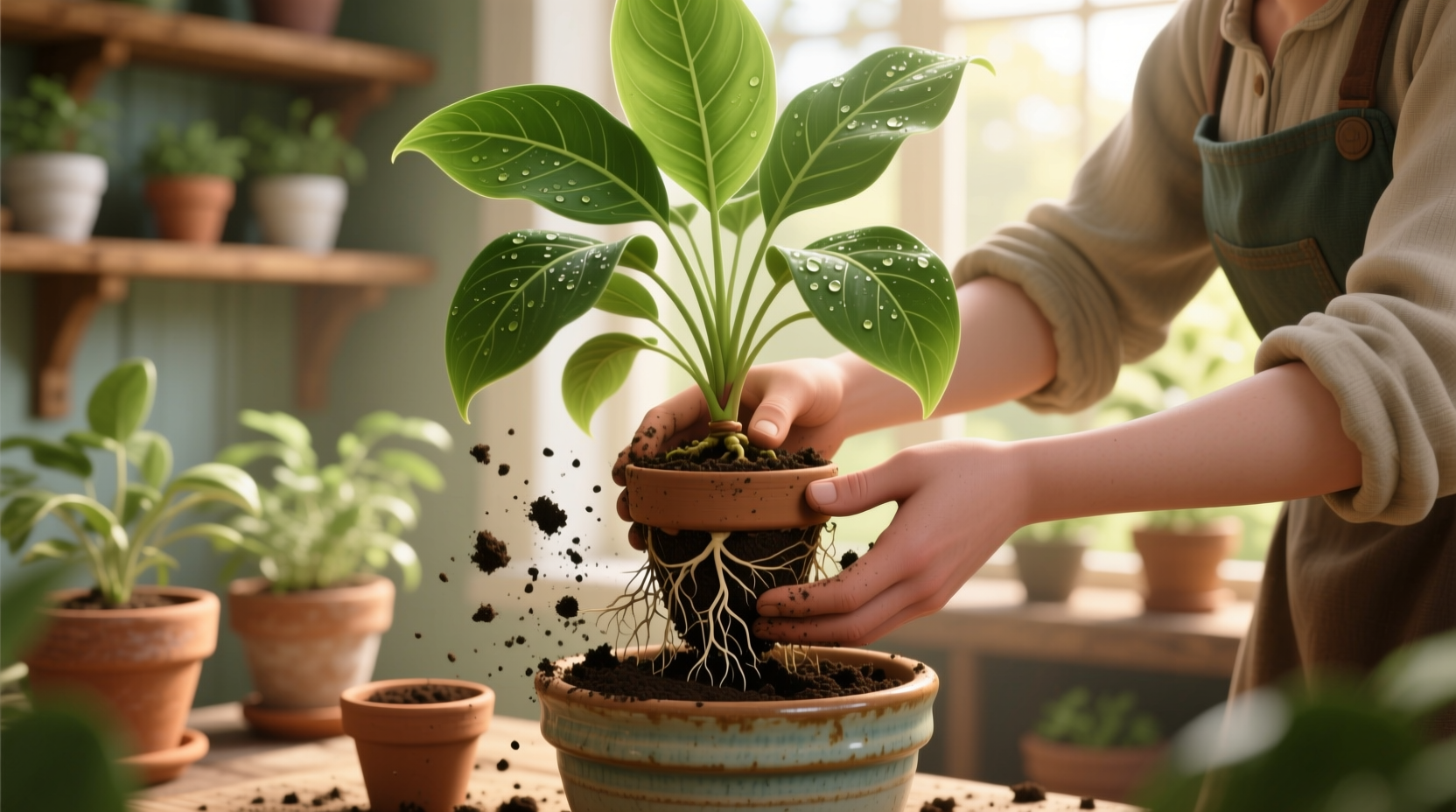 repotting and potting up a plant