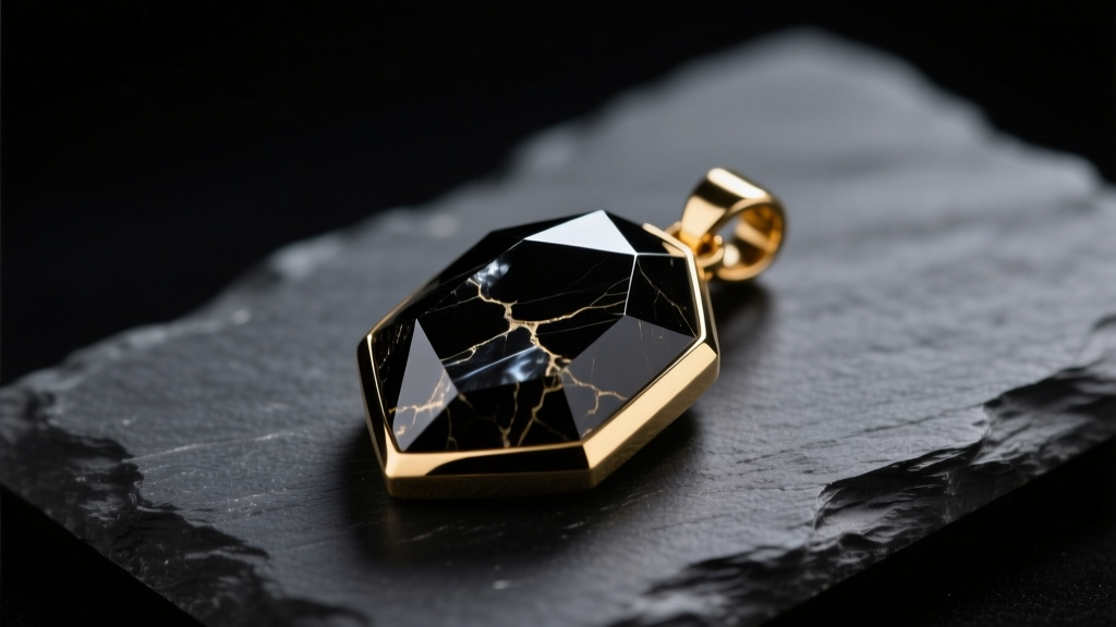 Close-up of a polished black shungite pendant in a 14k gold bezel, resting on dark slate with soft, moody directional lighting.