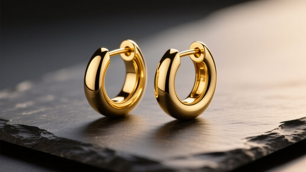 Macro shot of 14k yellow gold huggie earrings resting on dark slate, illuminated by soft, warm directional studio lighting.