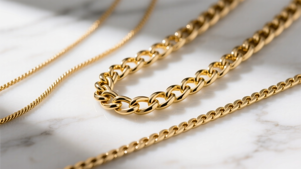 Close-up of three golden chain necklace styles: delicate cable, thick Cuban link, and flat herringbone on a white marble surface