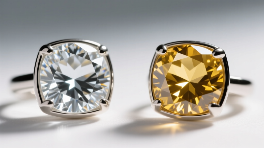 Macro comparison of D-color and J-color moissanite stones in bezel settings, showing yellow undertones in natural sunlight.
