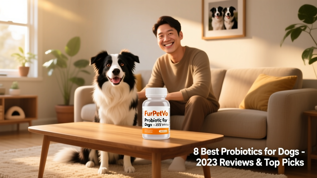 Happy border collie sitting beside its owner, both smiling, with a FurPetVo probiotic bottle visible on the coffee table nearby