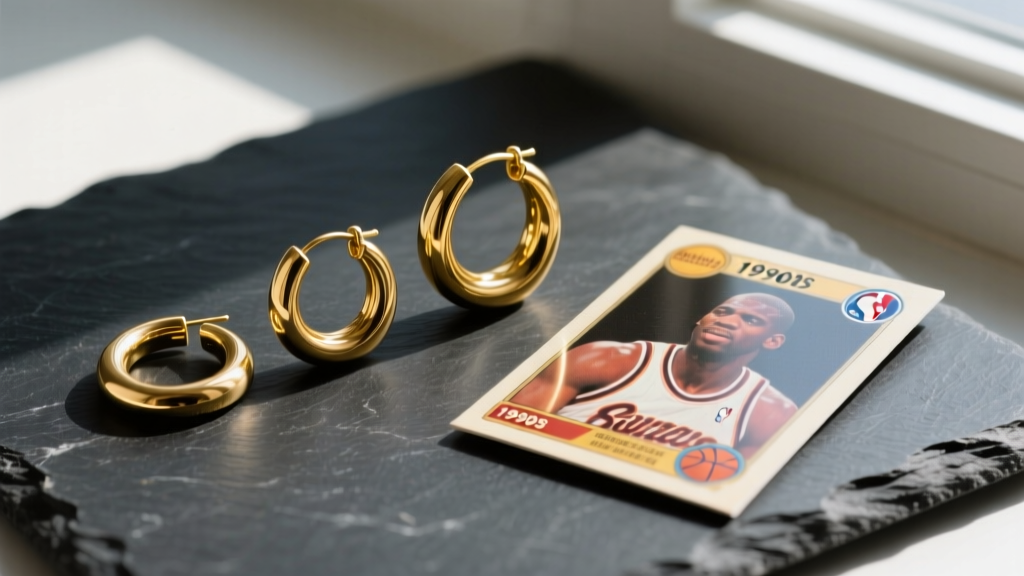 Flat lay of three gold hoop earring thicknesses next to a vintage 90s basketball card, shot from above on a dark slate surface.