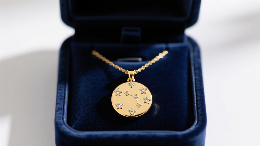 Open navy velvet jewelry box revealing an 18K gold vermeil zodiac pendant necklace featuring tiny pave diamond star accents on top