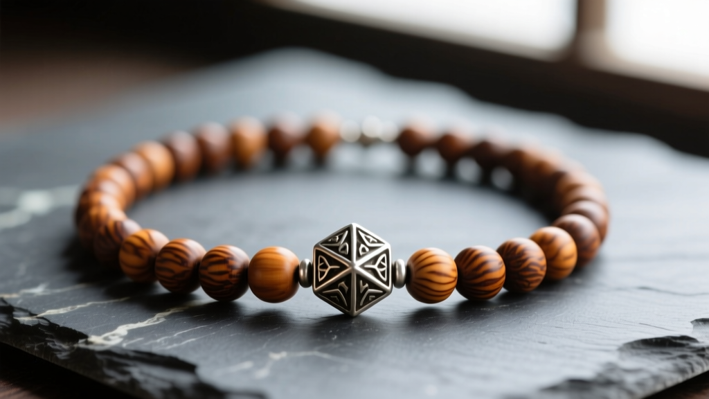 Macro shot of an 8mm sandalwood monk necklace with an oxidized sterling silver geometric guru bead cap resting on dark slate