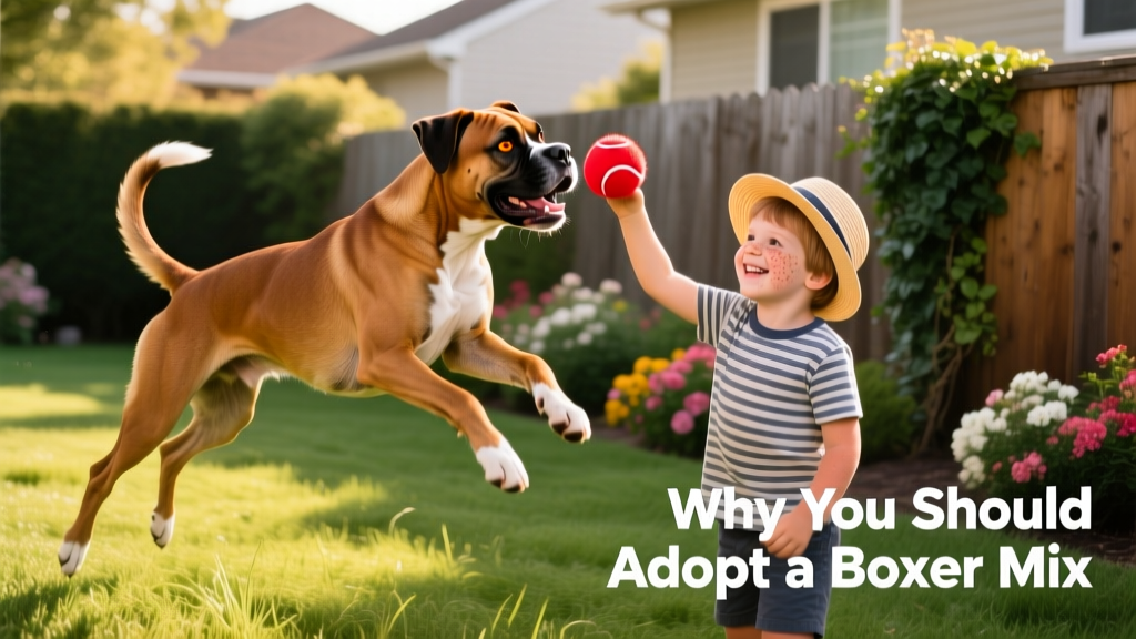 A joyful Boxer mix playing fetch with a child in a sunlit backyard
